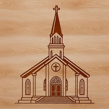 A detailed illustration of a traditional Baptist church building with a steepled roof and large entrance doors.