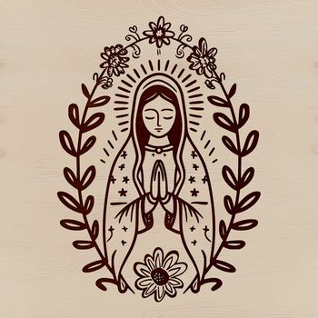 A detailed illustration of the Virgin Mary surrounded by ornate floral patterns in vector format.