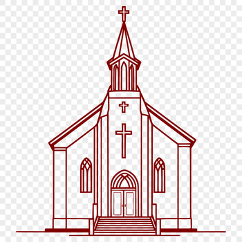 Vector illustration of a traditional church building with a tall steeple and stained glass windows.