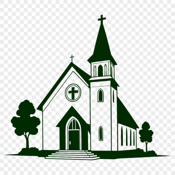 A vector graphic illustration of a traditional church building with a steepled roof and ornate details.