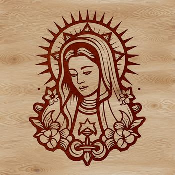 A stylized illustration of the Virgin Mary surrounded by ornate floral patterns and symbolic motifs.