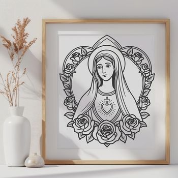 A stylized illustration of the Immaculate Heart symbol with floral elements.