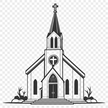 A simple outline illustration of a modern Baptist church building with a traditional design.