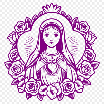 A stylized illustration of the Immaculate Heart, featuring floral elements in a traditional religious design.