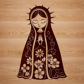 A stylized illustration of the Virgin Mary surrounded by intricate floral patterns and ornate details.