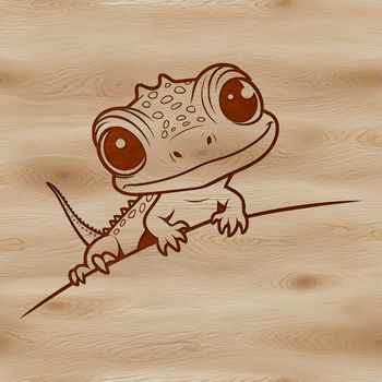 A detailed illustration of a lizard peeking out from behind a leaf.