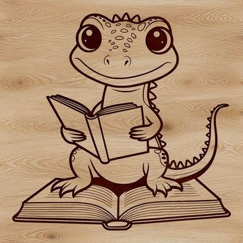 A cartoon lizard character sitting on a rock and reading an open book, created as a vector illustration.