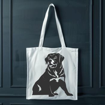 A seated rottweiler dog breed illustration with simple lines and shapes.