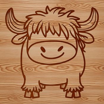 An illustration of a Scottish Highland breed cow with distinctive horns standing upright.