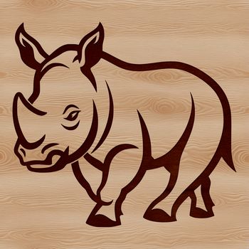 A simple line drawing of a cute rhino standing upright on four legs.