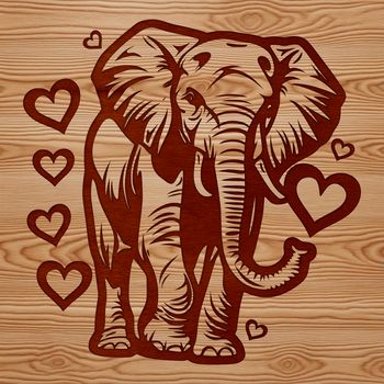 A majestic elephant standing on its hind legs, designed with love hearts around its body.