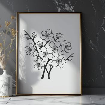 An isolated vector graphic of a single cherry blossom with delicate petals and stem.