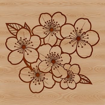 A colorful illustration of a blooming cherry blossom plant with delicate pink petals.