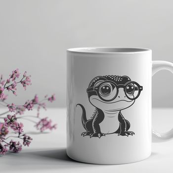 A colorful illustration of a salamander wearing glasses in a whimsical style.