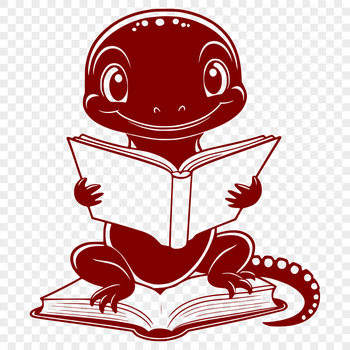 A digital illustration of a salamander sitting on a stack of books, reading.