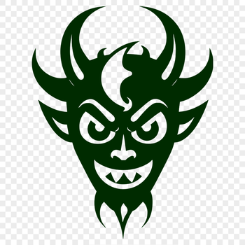 Illustration of a horned devil character in dark colors.