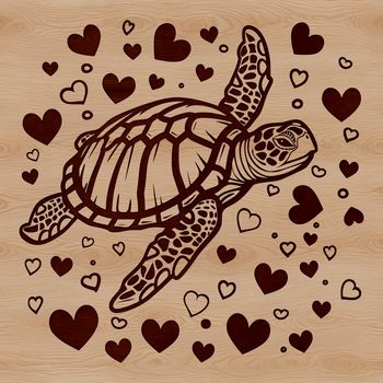 A hand-drawn sea turtle design featuring a stylized animal with love hearts.