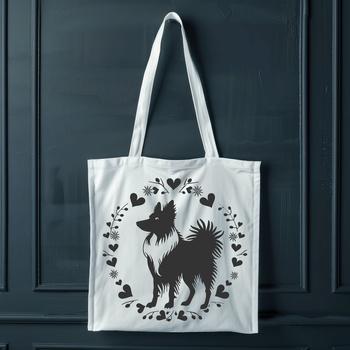 A standing Shetland sheepdog breed dog with love hearts surrounding its fur.