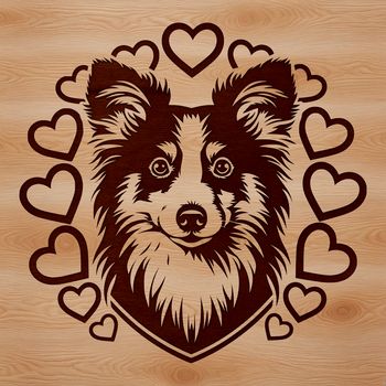 A high-resolution vector image of a Shetland Sheepdog's head featuring hearts.
