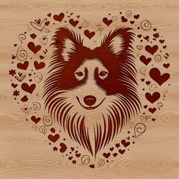 A Shetland sheepdog's head with heart-shaped accents around its eyes, making it suitable for digital artwork and crafts.