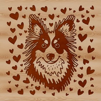 A close-up illustration of a Shetland Sheepdog's head with heart symbols incorporated into the design.