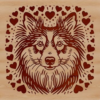 A detailed SVG design of a Shetland Sheepdog's head with heart motifs incorporated into the art.