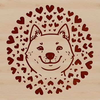 A vector graphic design featuring a cute Shiba Inu's head decorated with heart symbols.