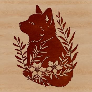 A stylized illustration of a Shiba Inu breed dog surrounded by floral elements.
