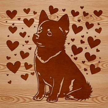 A sitting Shiba Inu dog with love hearts surrounding its body, suitable for use in graphic design projects.