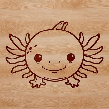 A simple line drawing illustration of a salamander's head and body, featuring the distinctive feathery gills of an axolotl.