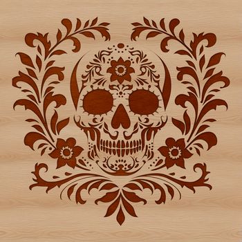 A stylized skull design featuring floral elements in a tattoo-inspired style.