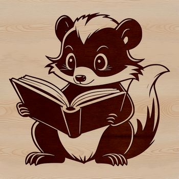 A wild animal skunk sitting on the ground with a book in its paws.