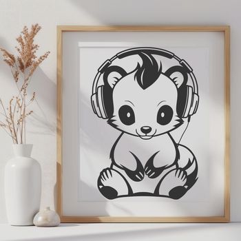 A cartoon skunk with headphones wearing a casual expression, suitable for various uses including personal projects.