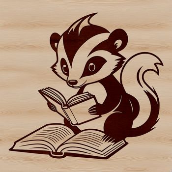 A wild skunk sitting on the ground, holding a book in its paws.