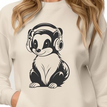 A wild animal skunk with headphones worn around its neck.