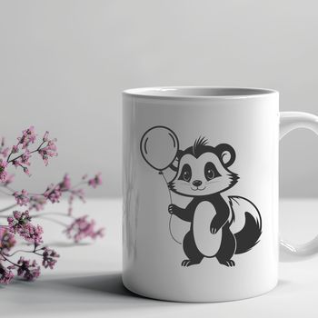 A black-and-white illustration of a skunk with a distinctive odor warning sign on its back.