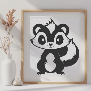 A black and white illustration of a skunk standing on its hind legs.