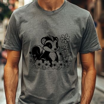A vector illustration of a skunk in a natural setting with floral elements.