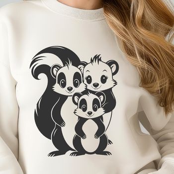 A black and white illustration of a skunk, featuring the characteristic striped pattern on its back.