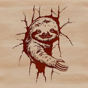 A cartoon sloth with a determined expression, breaking through a wall.