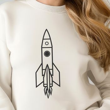 Vector graphic representation of a space-bound rocket ship with bold curves and geometric shapes.