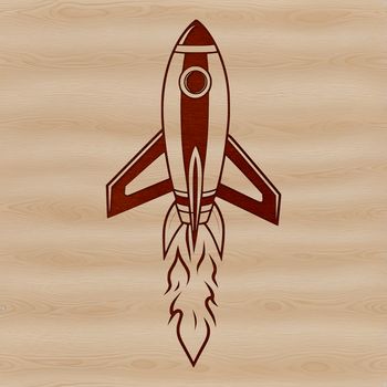 A futuristic rocket ship soaring through space, designed as a vector graphic with clean lines and detailed features.