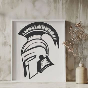 A detailed illustration of a Spartan warrior wearing a traditional Greek helmet.