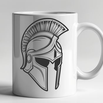 A detailed illustration of a Spartan warrior in ancient Greek armor, including a distinctive helmet.