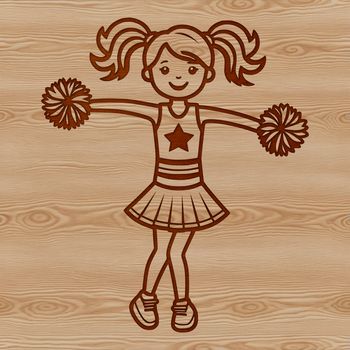 A young girl wearing a cheerleading outfit, posing with pom-poms.