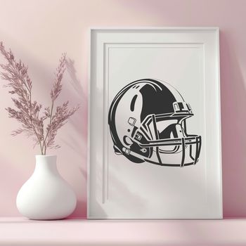 A detailed, illustrated depiction of a football helmet and ball from the sport of American football.