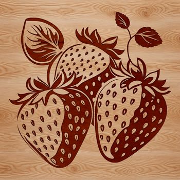 A detailed illustration of a ripe strawberry with seeds and leaves.