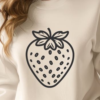 A simple illustration of a ripe strawberry with green leaves.