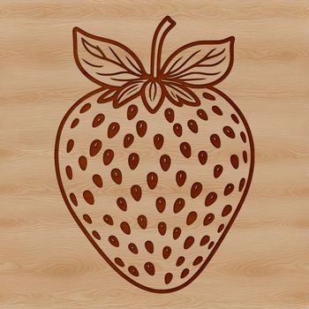 A colorful illustration of a ripe strawberry with seeds and leaves.