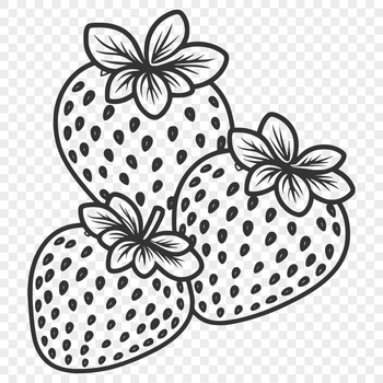 A digital illustration of a single strawberry with green leaves and stem.